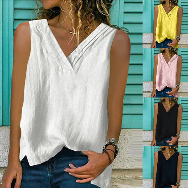 Gilet sans manches col V uni en coton et lin