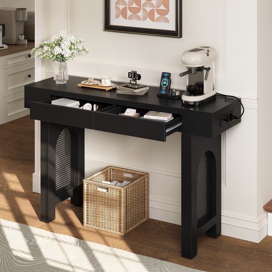 HAUSS SPOLE Console - Avec Prises et USB et Deux Tiroirs - Table Étroite d'Entrée pour Couloir et Salon - MDF - Noir - 120x35,5x76,5 Cm