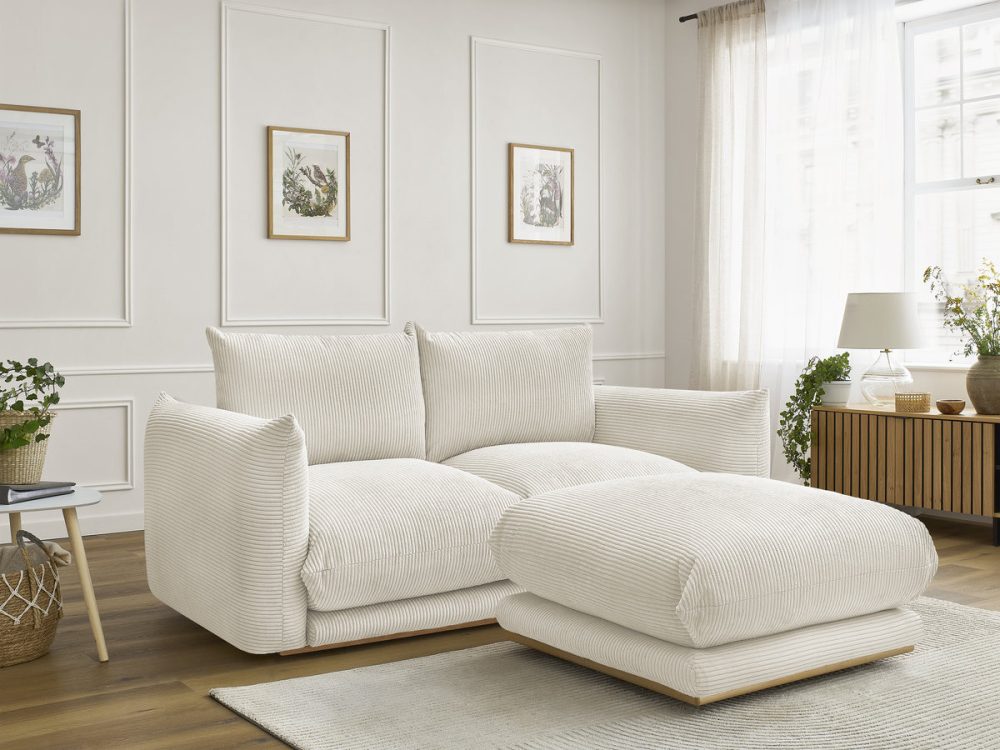 Canape droit fixe 2 places ERNEST tissu velours cotele avec pouf – Image 2