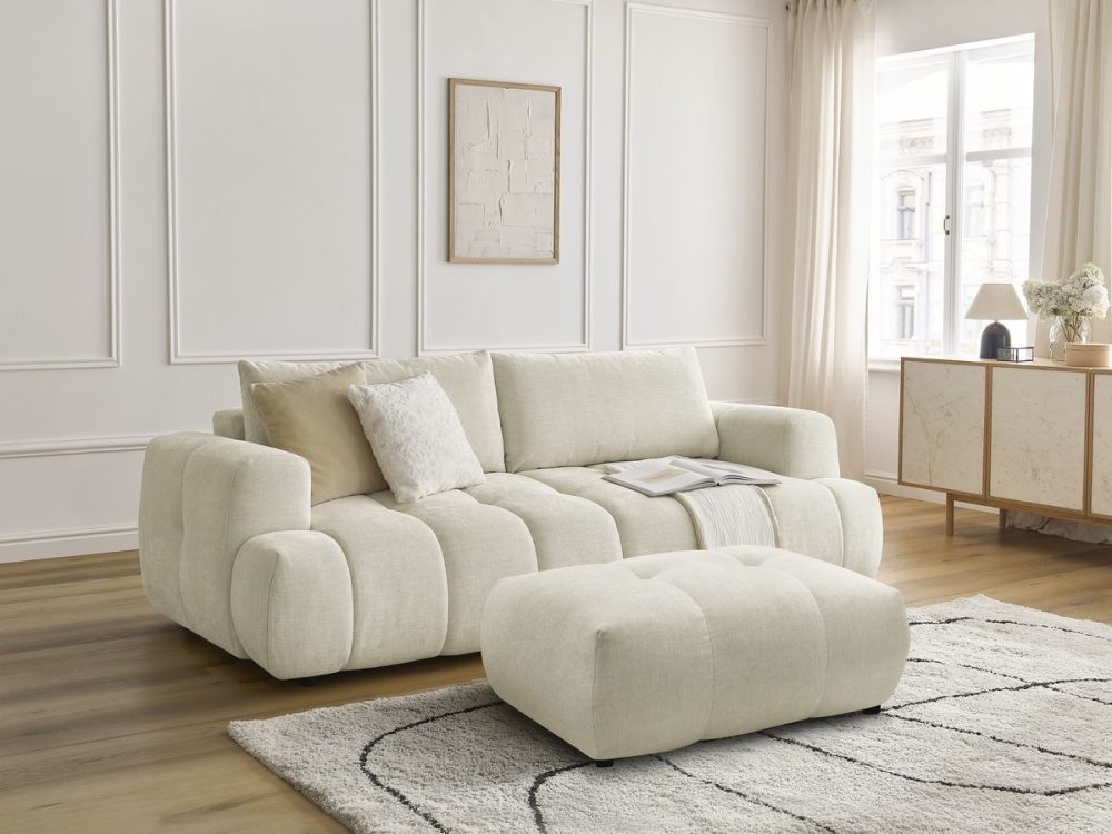 Canape droit convertible 3 places FUJI tissu lisse avec pouf – Image 2