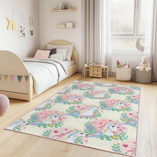 Mila Home Licorne Fleurs Rêve - Tapis Enfant pour Chambre d'Enfant - Lavable - Antidérapant - Certifié OEKO-TEX - Beige Rose Vert - 100x250 cm - (344 3)
