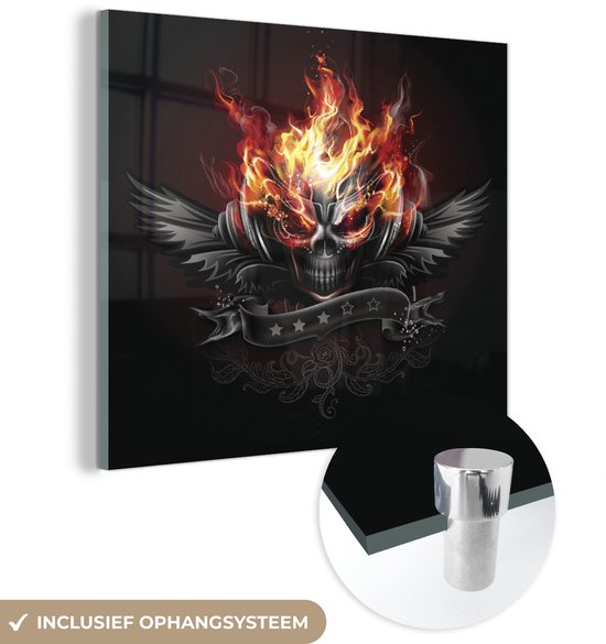 MuchoWow® Peinture sur verre 20x20 cm - Peinture acrylique sur verre - Une illustration d'un crâne flamboyant - Photo sur verre - Peintures