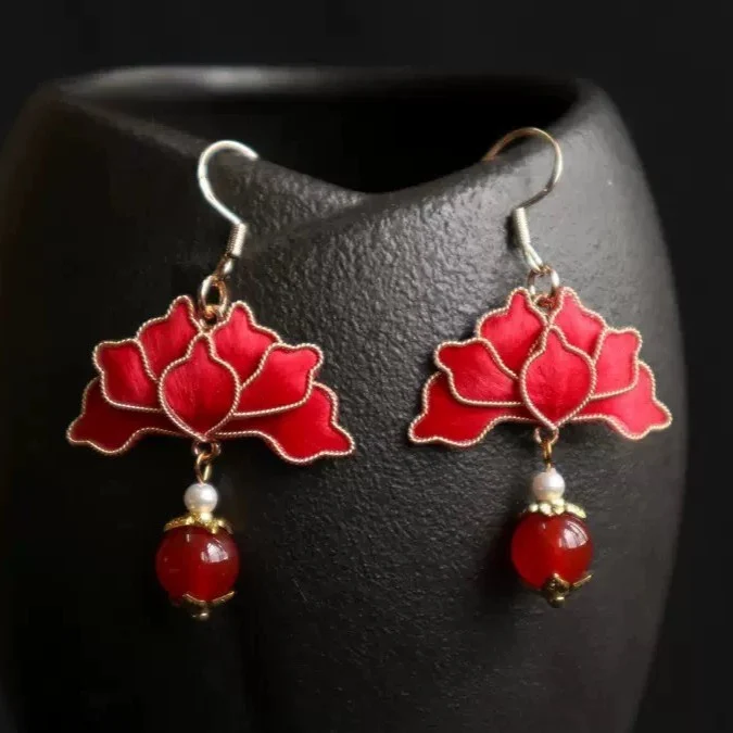 Handmade Ronghua Red Lotus Pearl Drop Earrings | Mulberry Silk Velvet Cloisonné-Style Earrings with Agate