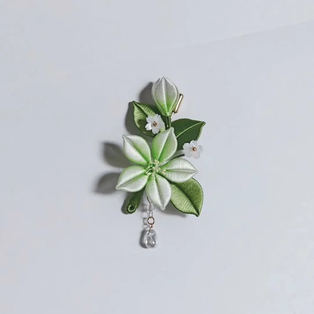 Handmade Chanhua Jasmine Brooch & Hairpin - Green & White with Crystal Drop – Image 2