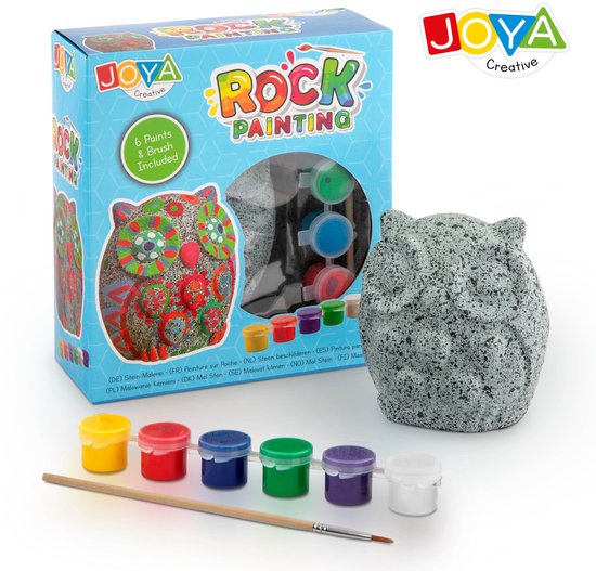 Joya Creative Happy Stones - Forfait tout-en-1 sur le Thema des Animaux - Kit de peinture pour Enfants - Pierre en forme de hibou - Peinture 6 couleurs + pinceau