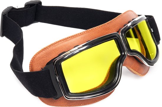 KIMU Goggles Lunettes de Moto - Monture Marron - Verres Jaunes - Lunettes Pilote Aviateur Solex Pilote Rétro Steampunk Cuir Cuir Jaune Marron Festival