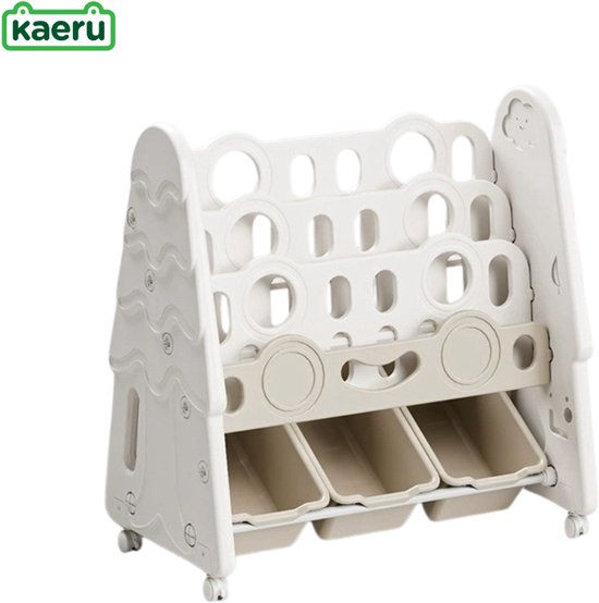Kaëru® Étagère à livres pour enfants – Étagère de rangement pour jouets – Bibliothèque 3 niveaux + 3 boîtes de rangement – Matériau sûr HDPE – Design mignon – Facile à déplacer – 68x66x38 cm – Blanc ivoire