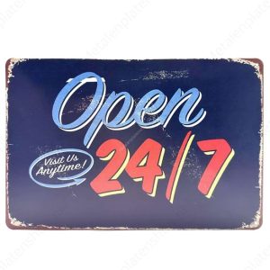 Ouvert 24h/24 et 7j/7 – Visitez-nous à tout moment ! – Panneau mural en métal Ouvert 24h/24 et 7j/7 – Visitez-nous à tout moment ! – Panneau mural en métal