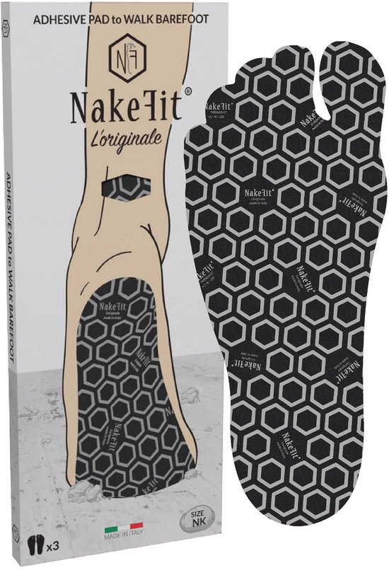 NakeFit L'ORIGINALE Semelles Autocollantes Hypoallergéniques Noires - 3 Paires - Taille Homme 43-44 (NK9) - Patins de Marche Pieds Nus pour Plage, Piscine et Activités de Plein Air