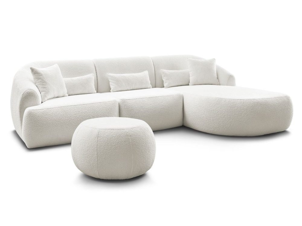 Canape d'angle fixe ALESIA tissu bouclette avec pouf