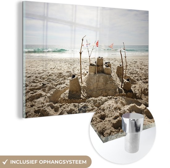 MuchoWow® Peinture sur verre 180x120 cm - Peinture sur verre acrylique - Zandkasteel avec drapeaux - Photo sur verre - Peintures