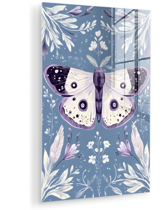 MuchoWow® Tableau sur verre 60x90 cm - Tableau sur verre acrylique - Papillon - Branches de fleurs - Bleu clair - Photo sur verre - Décoration murale salon - Décoration murale chambre - Peintures