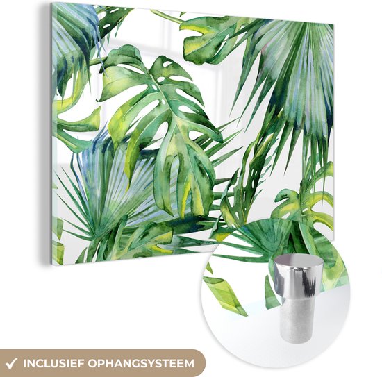 MuchoWow® Peinture sur verre 120x80 cm - Peinture sur verre acrylique - Monstera - Motif - Aquarelle - Filles - Enfants - Garçons - Kids - Photo sur verre - Peintures