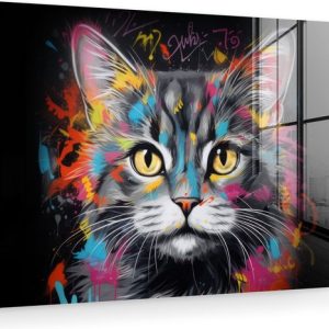 MuchoWow® Tableau sur verre 60×40 cm – Tableau sur verre acrylique – Chat – Graffiti – Animaux – Couleurs – Grijs – Photo sur verre – Décoration murale salon – Décoration murale chambre – Peintures MuchoWow® Tableau sur verre 60×40 cm – Tableau sur verre acrylique – Chat – Graffiti – Animaux – Couleurs – Grijs – Photo sur verre – Décoration murale salon – Décoration murale chambre – Peintures
