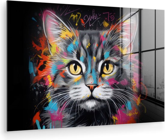 MuchoWow® Tableau sur verre 60x40 cm - Tableau sur verre acrylique - Chat - Graffiti - Animaux - Couleurs - Grijs - Photo sur verre - Décoration murale salon - Décoration murale chambre - Peintures
