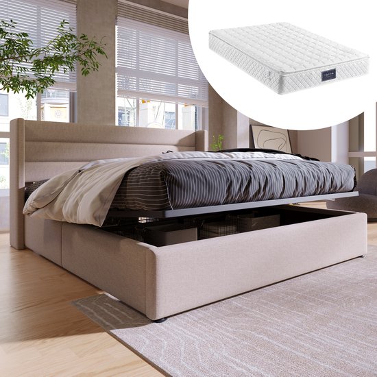 Lits doubles OKWISH 140x200 cm - Lit avec tiroirs et espace de rangement - Linge de lit rembourré - Beige