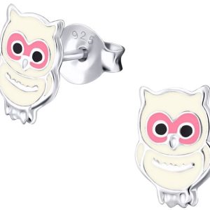 Joie|S – Boucles d&rsquo;oreilles chouette en argent – 6 x 8 mm – rose avec blanc – boucles d&rsquo;oreilles puces pour enfants