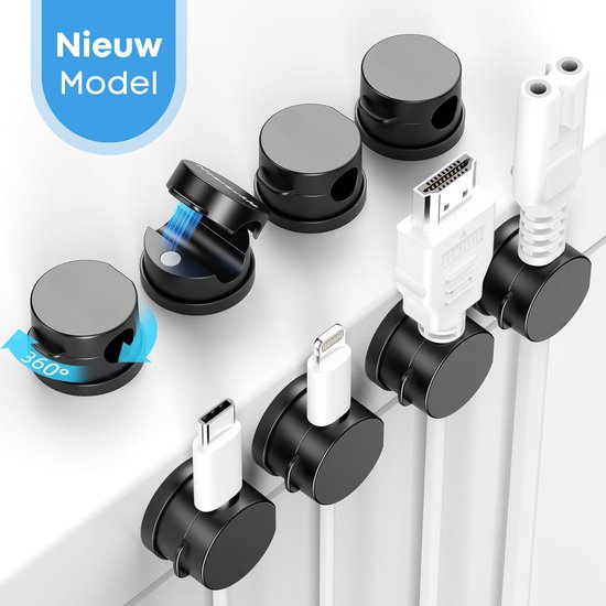 FOXLY® Support de câbles magnétique 6 pièces Rond – Zwart – Clips de câbles – Organiseur de bureau – Auto-adhésif – Gestion des câbles