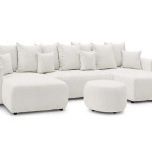 Canape panoramique convertible coffre ENVY tissu bouclette avec pouf rond Canape panoramique convertible coffre ENVY tissu bouclette avec pouf rond