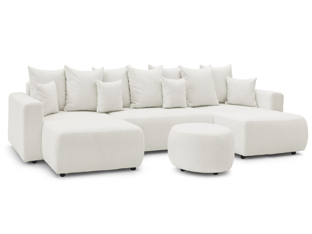 Canape panoramique convertible coffre ENVY tissu bouclette avec pouf rond