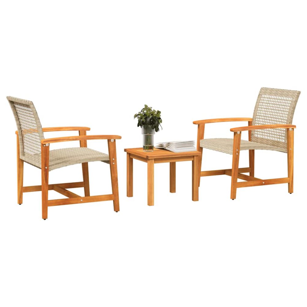 3 Piece Bistro Set Beige Poly Rattan and Acacia Wood – Image 3