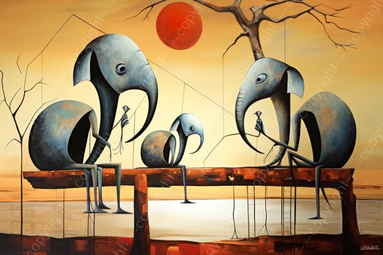 JJ-Art (Toile) 60x40 | Éléphants sur un banc, surréalisme abstrait, style Salvador Dali , art | animal, soleil couchant, gris, marron, rouge, moderne | Impression sur toile Photo-Painting (décoration murale)