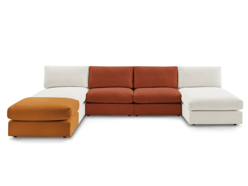 Canape panoramique fixe 100% modulable PARIS tissu bouclette avec 2 chauffeuses, 2 meridiennes, 1 pouf