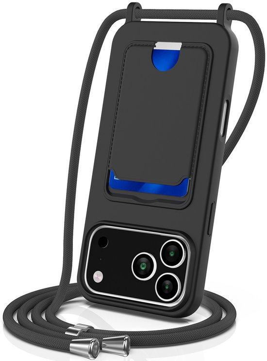 Lunso Compatible avec iPhone 17 Pro Max - Étui avec cordon et porte-cartes - Zwart