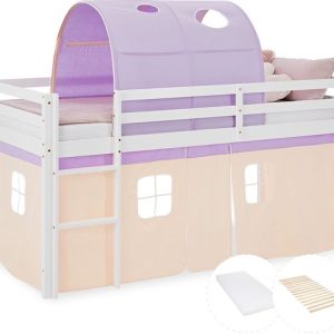 Lit mezzanine Homestyle4u – 90 x 200 cm – Wit/ Rose / Abricot – avec matelas Lit mezzanine Homestyle4u – 90 x 200 cm – Wit/ Rose / Abricot – avec matelas