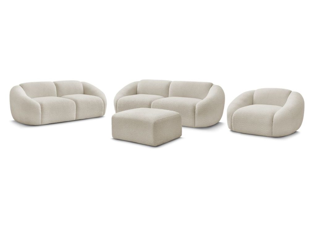 Ensemble canape droit fixe 3 + 2 places + fauteuil TINA tissu bouclette avec pouf