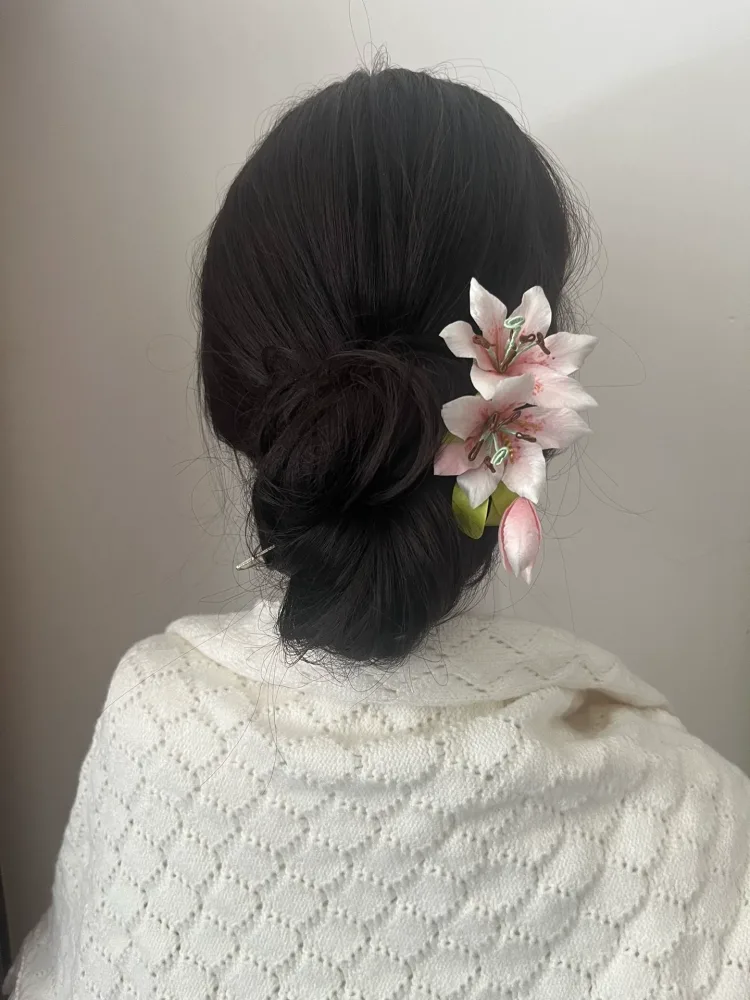 Handcrafted Pink Lily Ronghua Hair Pin | Mulberry Silk Floral Accessory