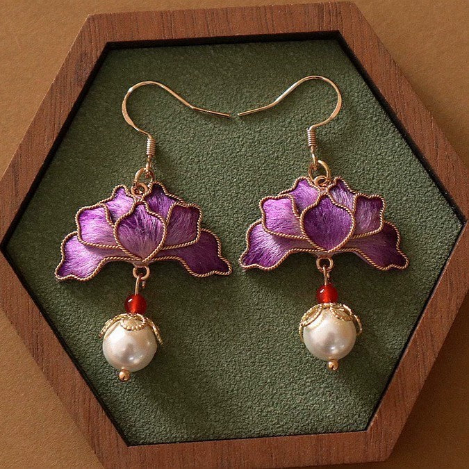Handmade Ronghua Red Lotus Pearl Drop Earrings | Mulberry Silk Velvet Cloisonné-Style Earrings with Agate – Image 3
