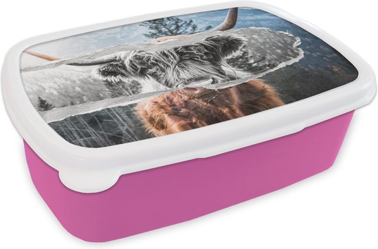 Lunch box Rose - Lunch box - Boîte à pain - Highlander écossais - Vache - Zwart - Wit - 18x12x6 cm - Enfants - Fille