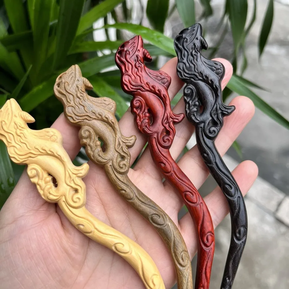 Natural Wooden Hair Stick Set - 20cm Mythical Creature Design (山海鲸) – Image 2