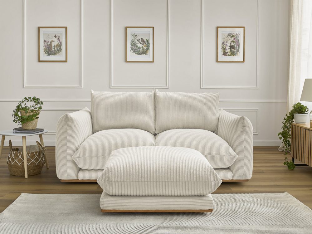 Canape droit fixe 2 places ERNEST tissu velours cotele avec pouf – Image 3