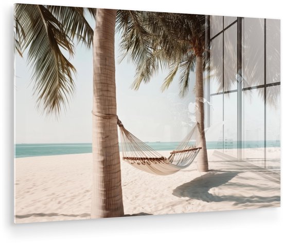 MuchoWow® Tableau sur verre 90x60 cm - Tableau sur verre acrylique - Hamac - Palmiers - Plage - Mer - Photo sur verre - Décoration murale salon - Décoration murale chambre - Peintures