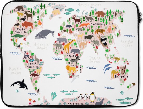 Housse ordinateur 15 pouces - Wereldkaart - Enfants - Animaux - Housse ordinateur