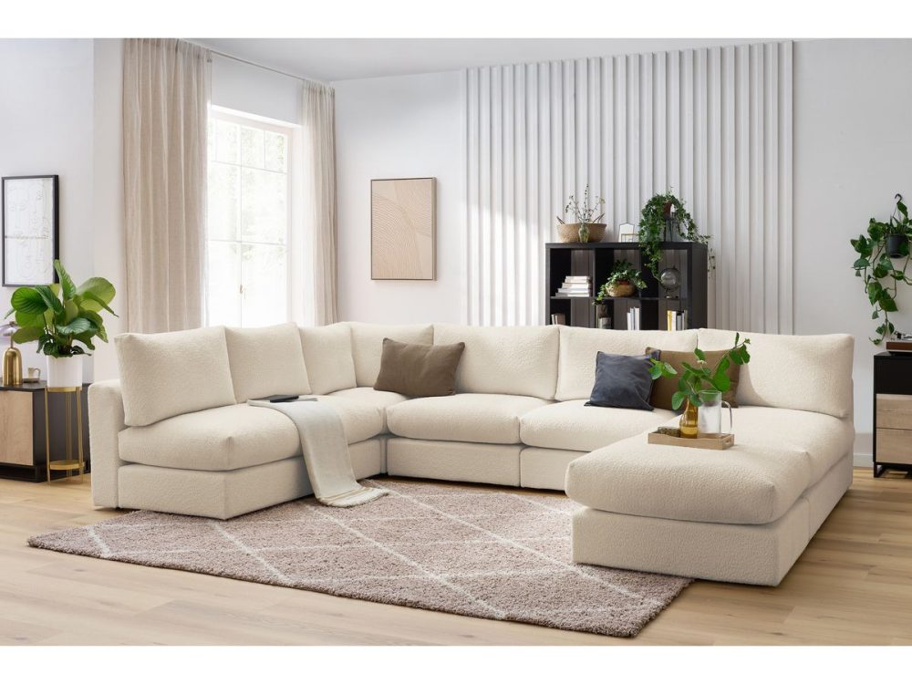 Canape d'angle fixe 100% modulable PARIS tissu bouclette 3 chauffeuses, 1 meridienne, 1 angle, 1 pouf – Image 2