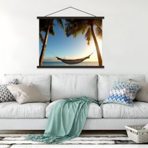 Palmiers sur une plage tropicale avec une commission scolaire hamac lattes plates noir 120×90 cm – Tirage photo sur poster textielposter (décoration murale salon / chambre) / Mer et plage