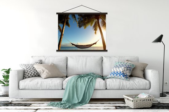 Palmiers sur une plage tropicale avec une commission scolaire hamac lattes plates noir 120x90 cm - Tirage photo sur poster textielposter (décoration murale salon / chambre) / Mer et plage