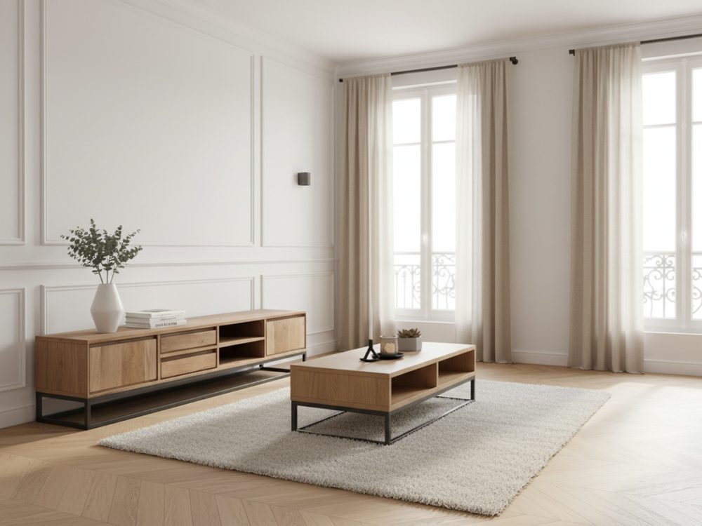 Ensemble BERGERAC avec meuble TV 200 cm + table basse en bois massif de manguier – Image 2