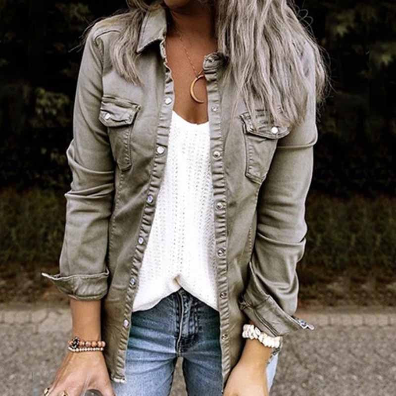 Veste en jean plissée à col à revers de couleur unie – Image 3