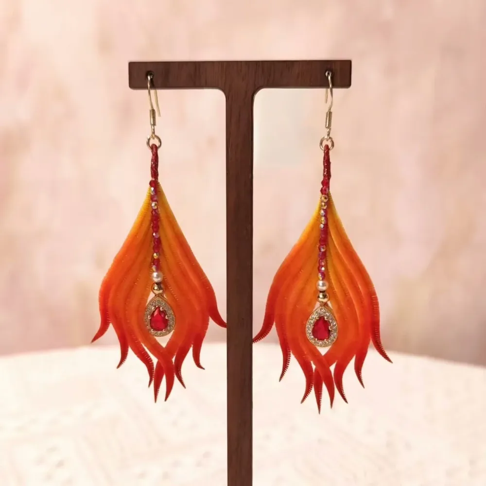 Handmade Ronghua Phoenix Tail Feather Earrings | Red-Orange Mulberry Silk Velvet Long Drop Earrings – Image 3
