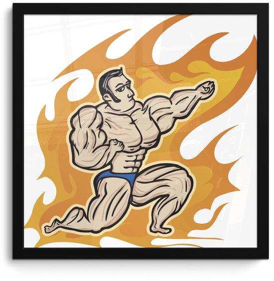 Image encadrée - Une illustration d'un bodybuilder dans un cadre photo flamme noir 40x40 cm - Affiche encadrée (Décoration murale salon / chambre)
