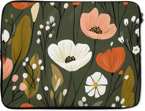 Housse pour ordinateur portable 17 pouces - Fleurs - Illustration - Vert - Dimensions intérieures 41x28 cm - Dos noir