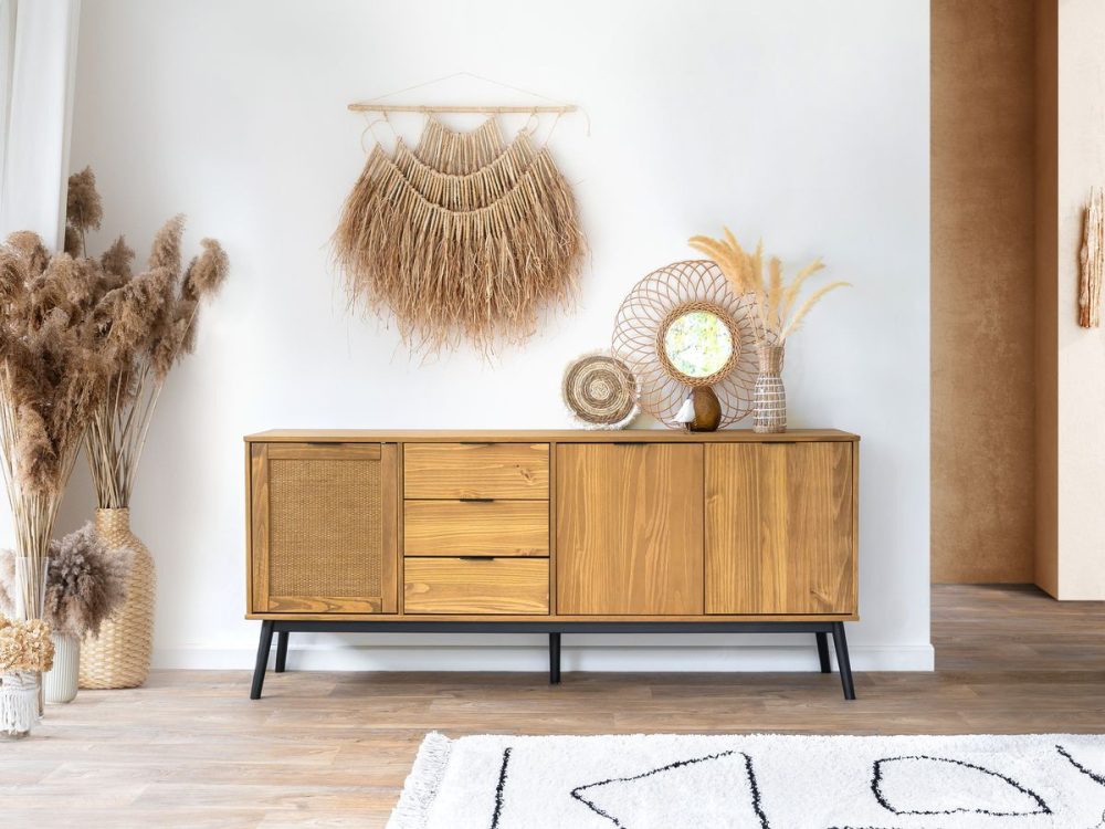Buffet 3 portes 186 cm ALBI bois massif et rotin – Image 3