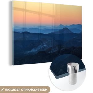 MuchoWow® Peinture sur verre 30×20 cm – Peinture sur verre acrylique – Silhouettes de montagnes au lever du soleil – Photo sur verre – Peintures