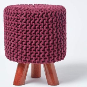 Homescapes Pouf tressé en tricot et pieds en bois – Prune