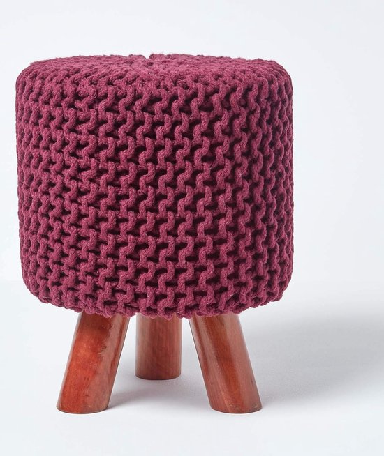 Homescapes Pouf tressé en tricot et pieds en bois - Prune