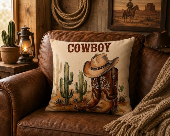 Housse de coussin cowboy western – Style Country & Wild West – 40x40 cm